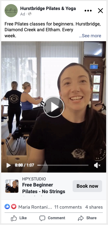 Screenshot of the AI-generated Facebook ad showing Mel in a dark
   top in front of Pilates reformers